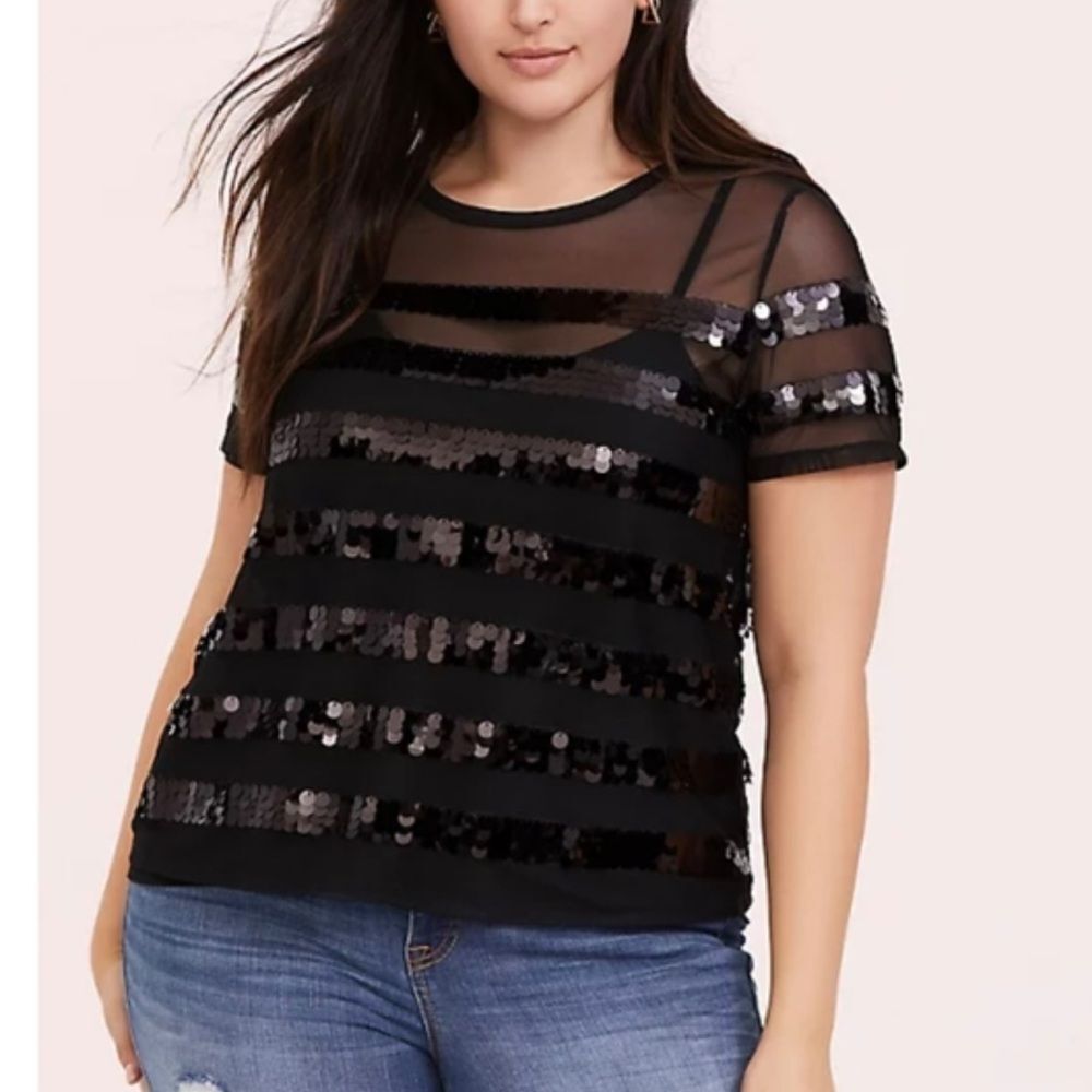 Torrid Black Sequin Stripe Sheer Mesh Crew Neck Top Sz 2